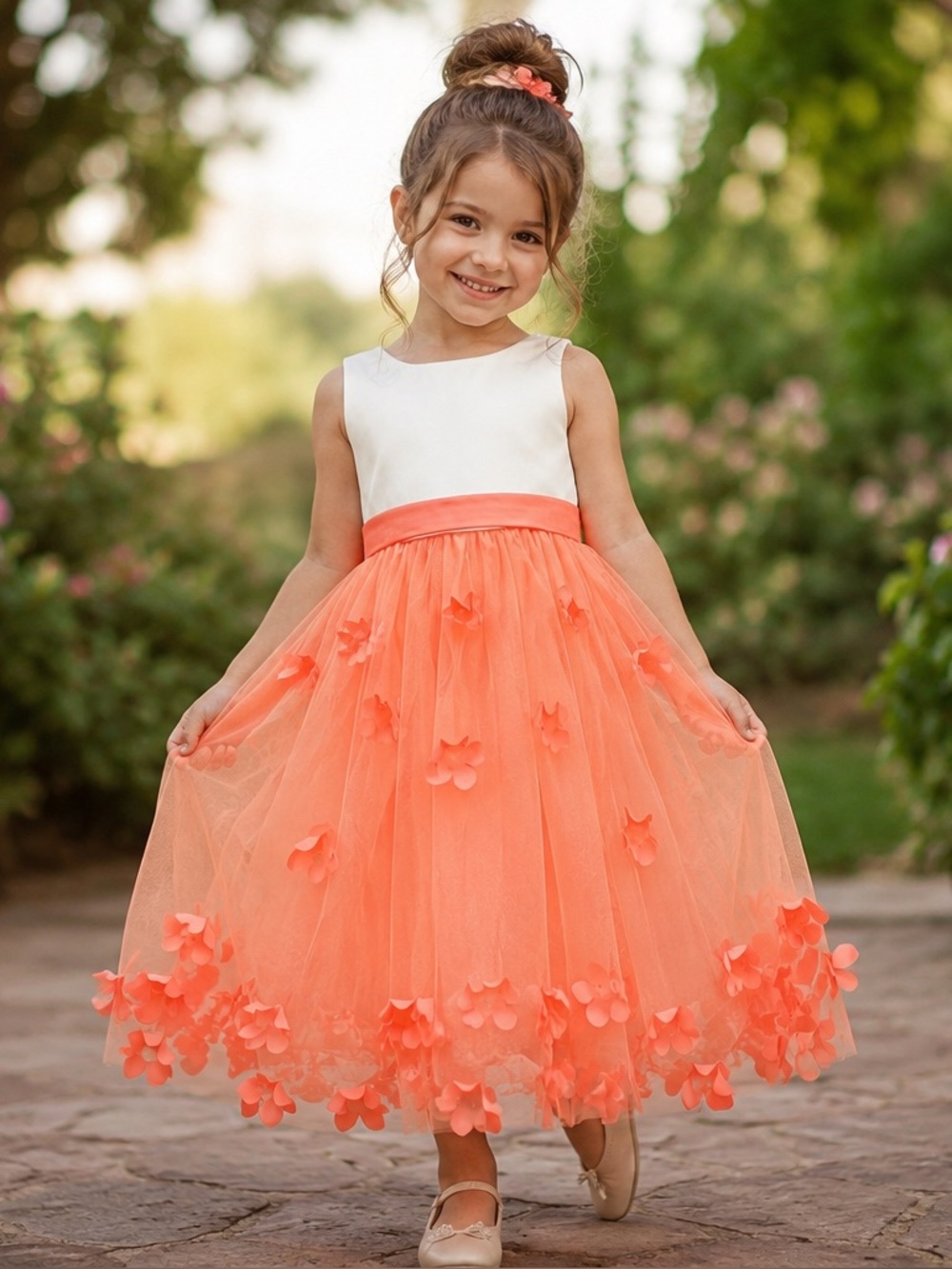 Azazie White and Coral Pink Tulle Dress Flower Girl Dress, Sunset, Size 7,